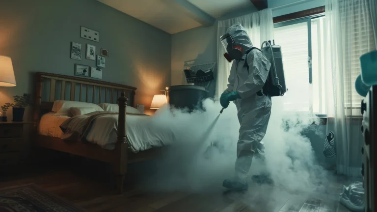 person-protective-gear-fumigating-cozy-bedroom-with-fog-filling-space-highlighting-themes-safety-cleanliness